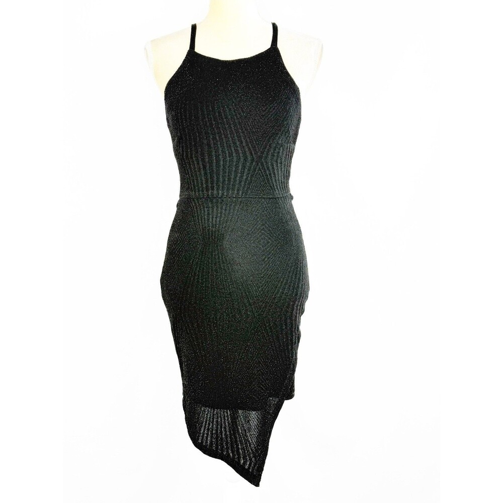 Speechless Black Bodycon Dress Small NWT Cutout Back Glitter Knit Sheer Hem - Picture 5 of 16